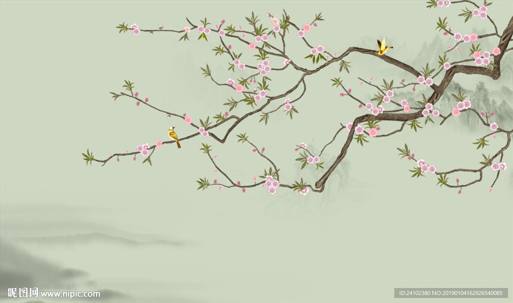 新中式清新花鸟工笔山水背景