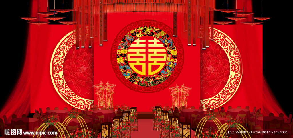 新中式红色大气婚礼背景效果图
