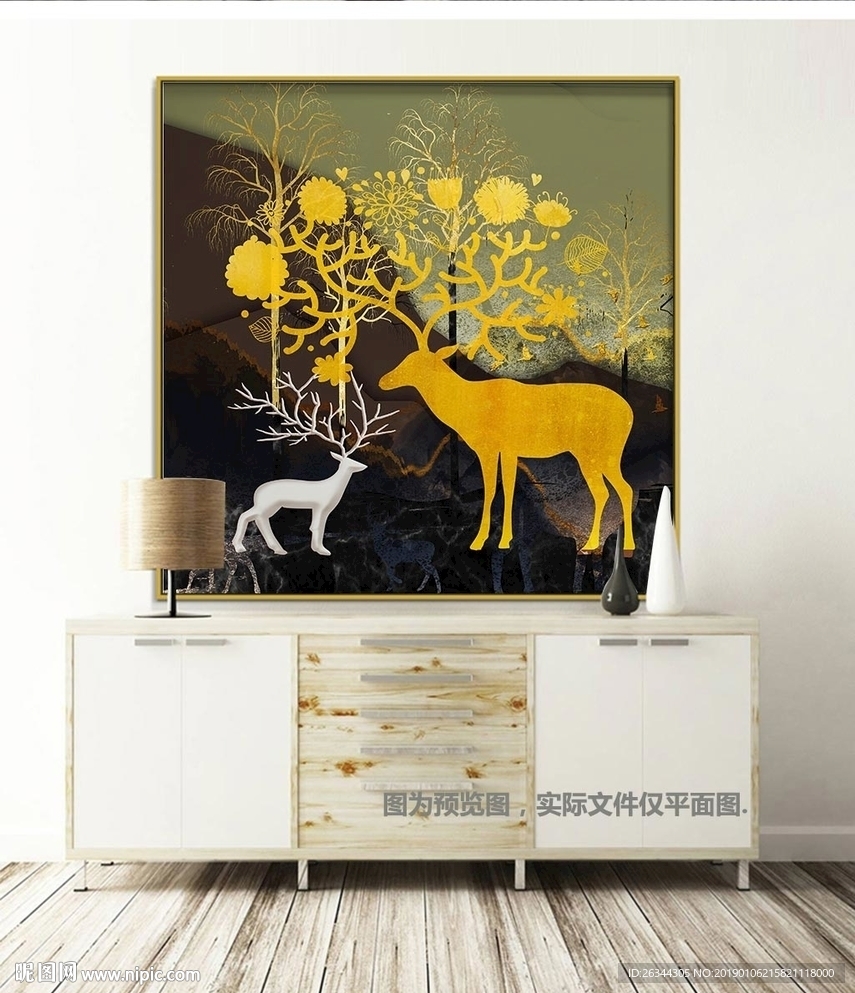 新中式抽象发财鹿麋鹿装饰画