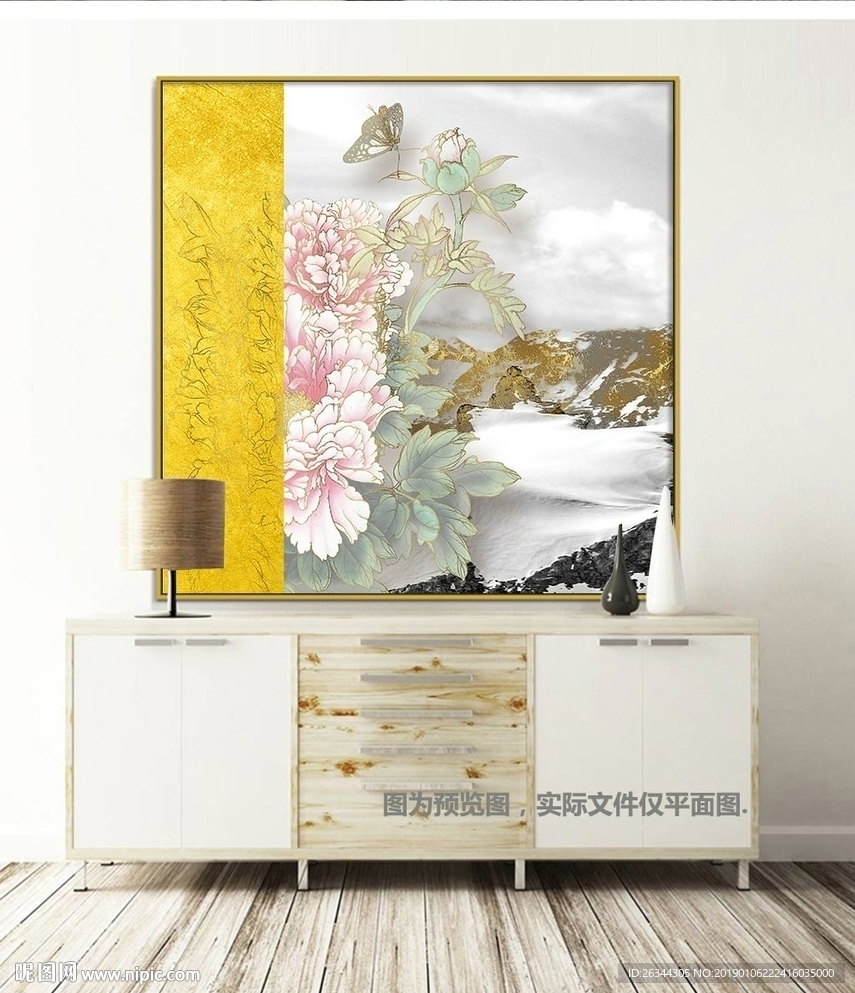 新中式轻奢山水花鸟方形装饰画