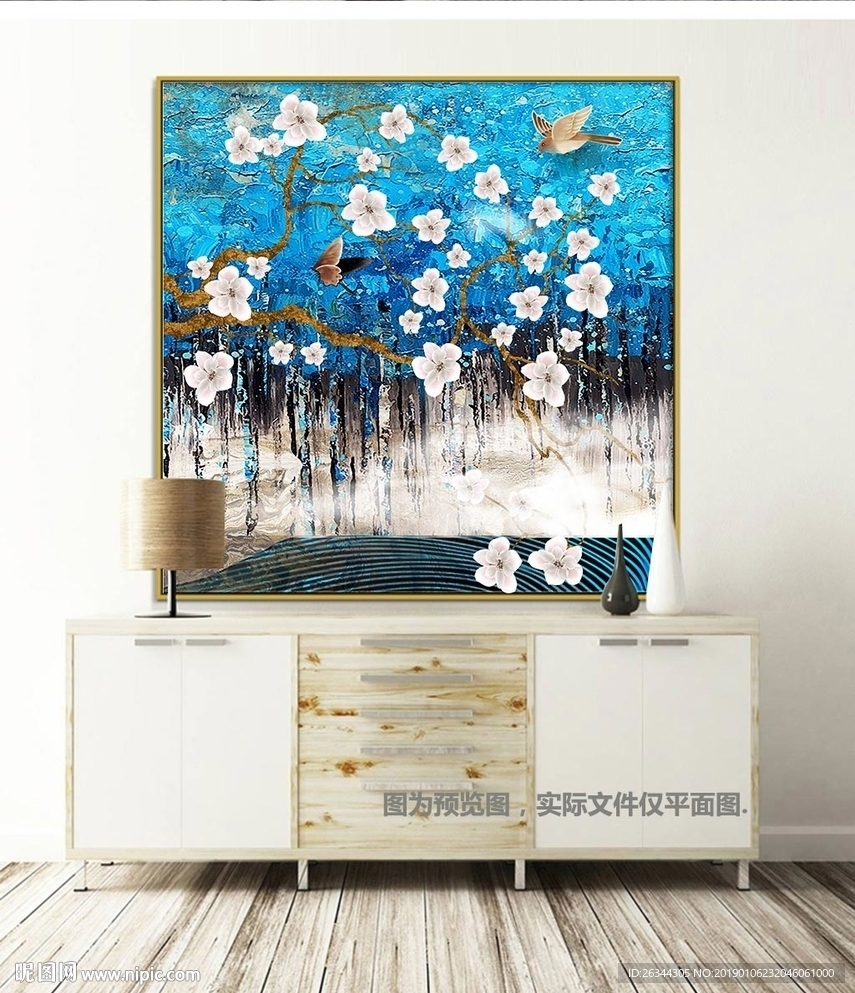 新装饰宝蓝花鸟正方形装饰画