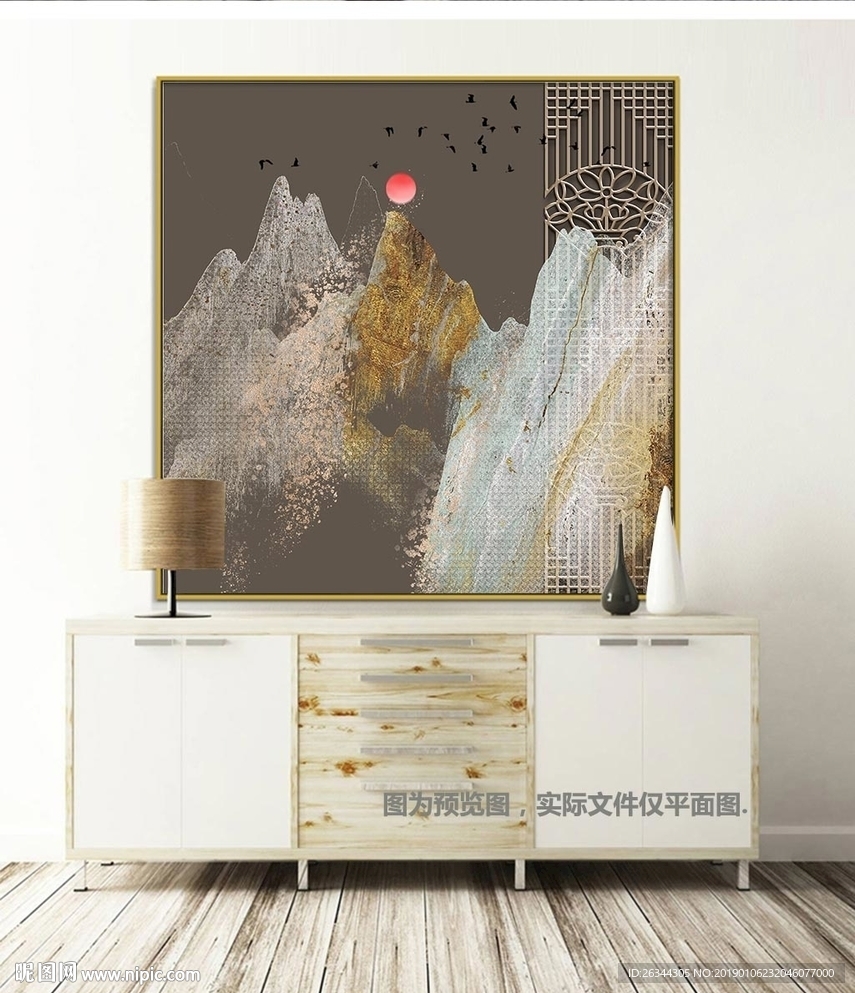金色新中式抽象山水飞鸟装饰画