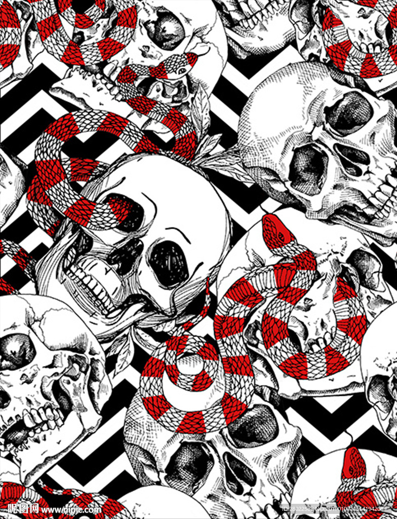 手绘骷髅头与蛇服装印花图案