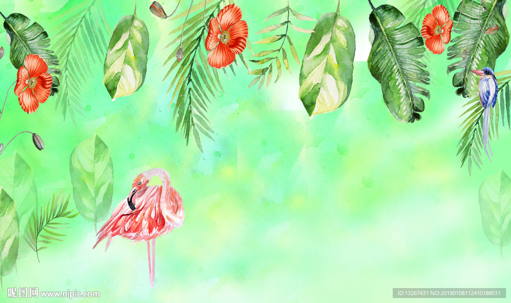 北欧小清新绿色水彩背景墙