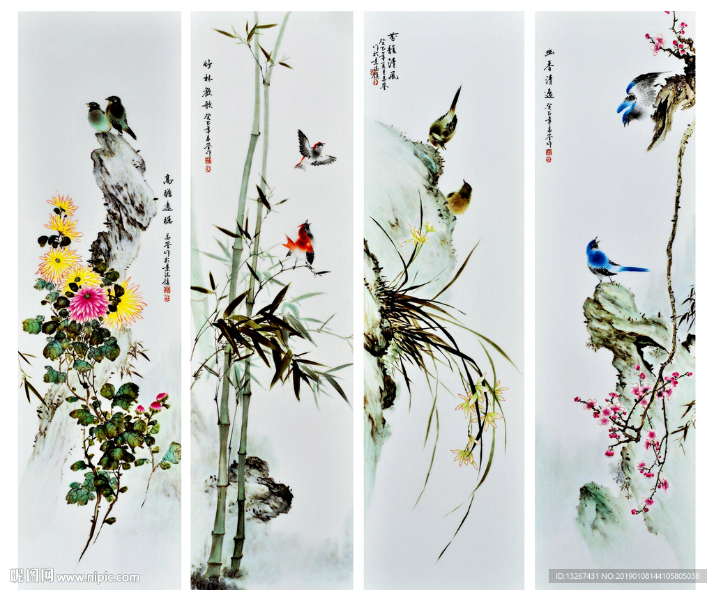 梅兰竹菊中国风四条屏背景墙