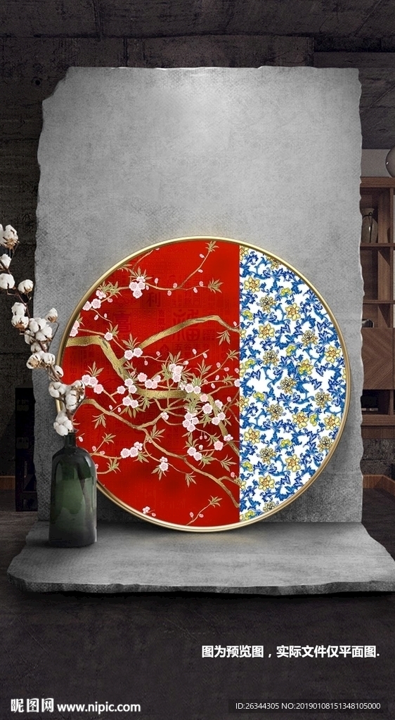 新中式红色喜庆花鸟圆形装饰画