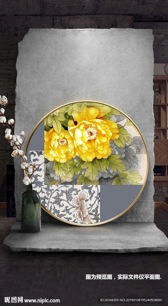 轻奢新中式花鸟圆形装饰画