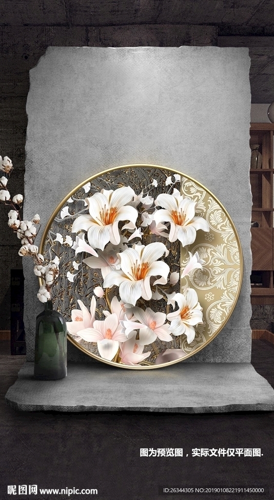 新中式花鸟轻奢花卉圆形装饰画