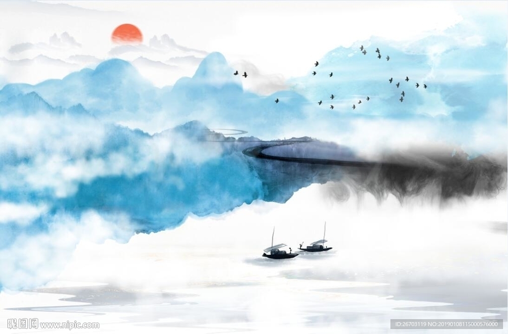 新款意境山水画背景墙