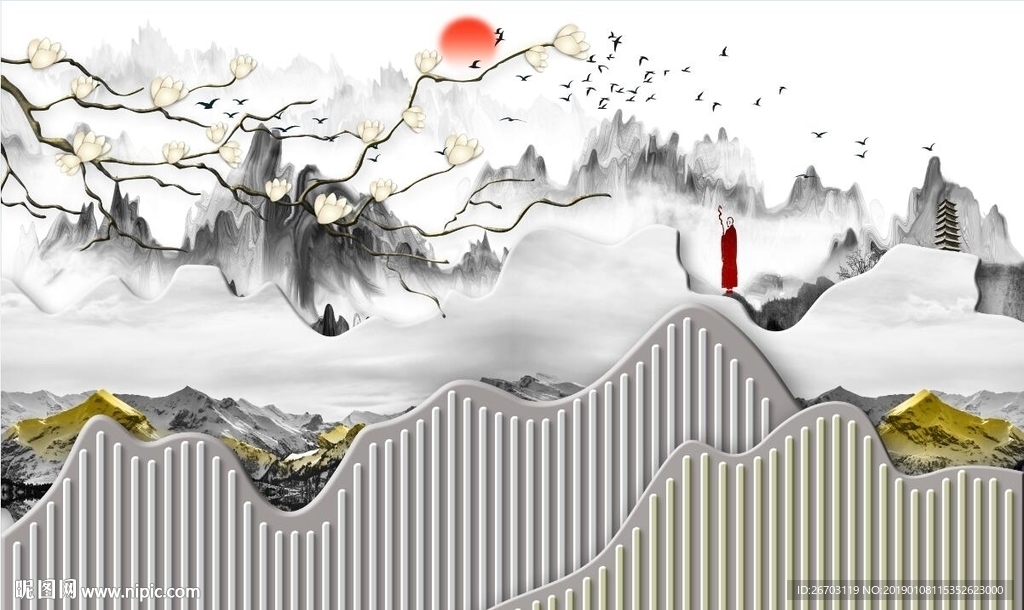 新款意境山水画背景墙装饰