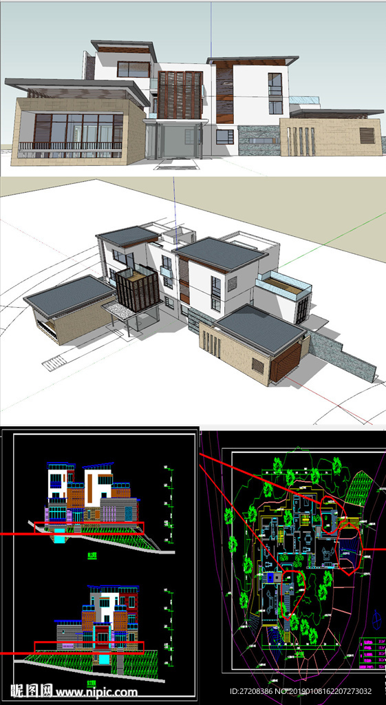 中式别墅草图SU模型含CAD图