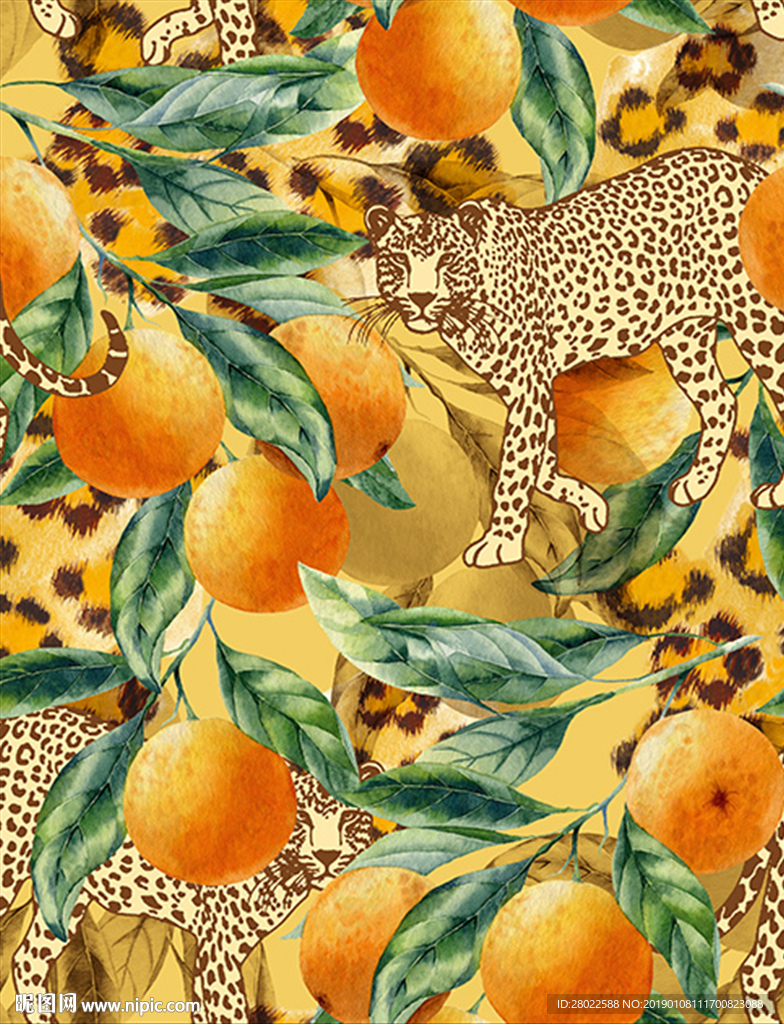 手绘橙子豹纹水彩水果服装印花