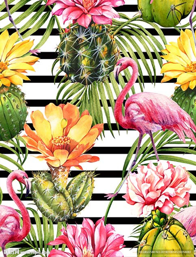 手绘热带植物火烈鸟仙人球图案