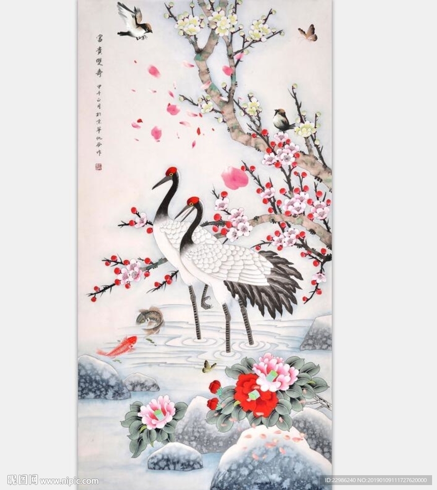 四尺竖幅花鸟画仙鹤桃花富贵长寿