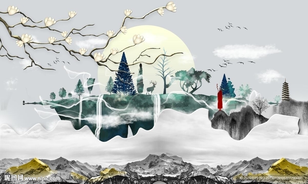 新款意境山水画背景墙