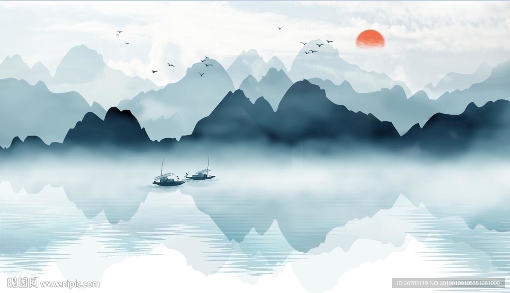 新款意境山水画背景墙