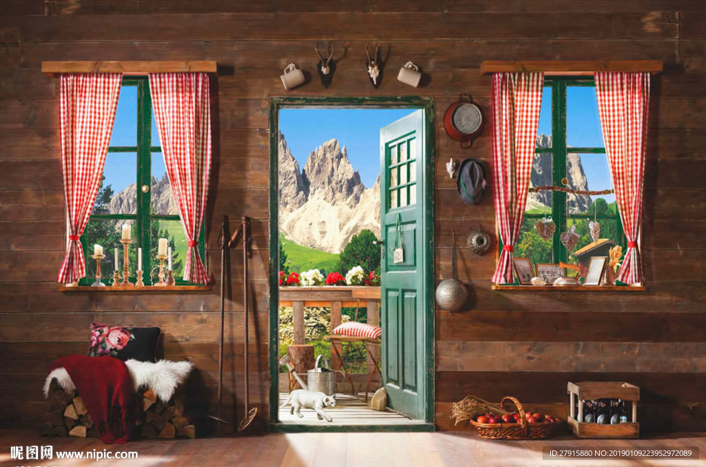 抽象室内门外风景背景墙