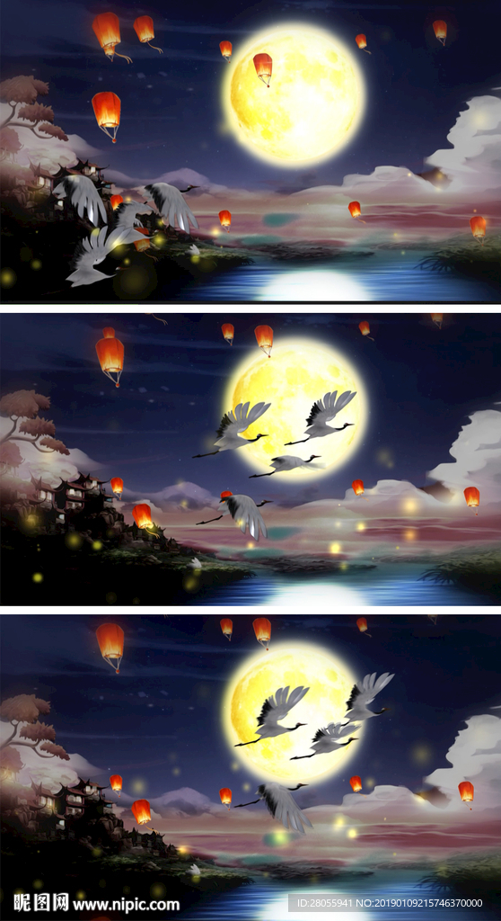 仙境月夜仙鹤飞舞循环背景视频