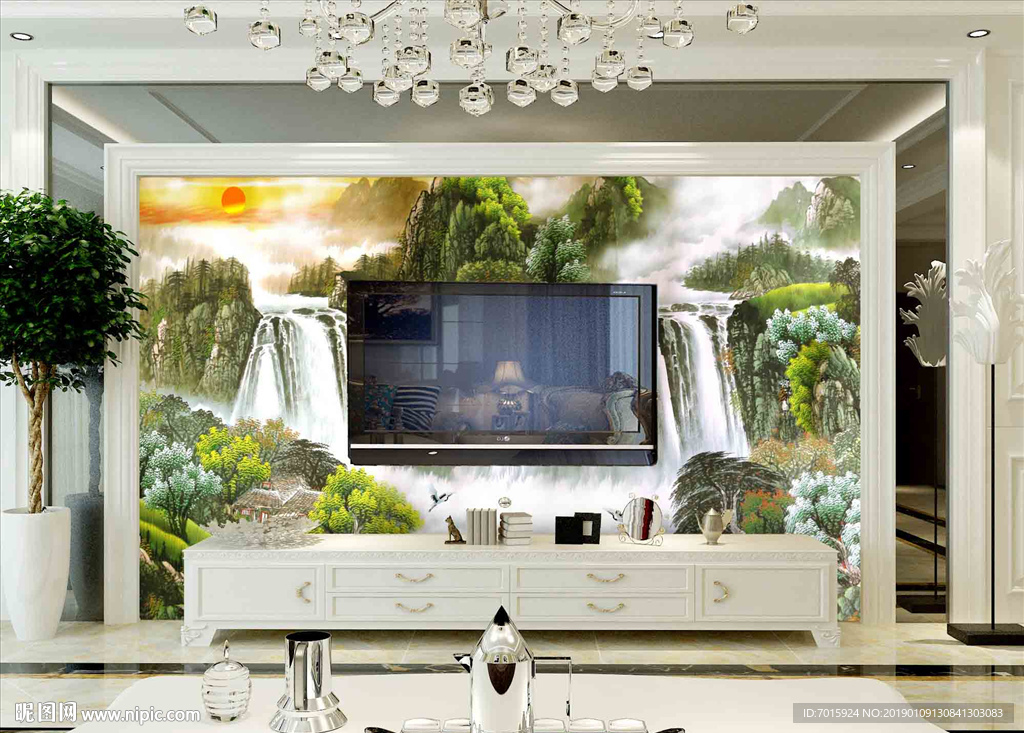 电视背景墙 壁画 电视墙 山水