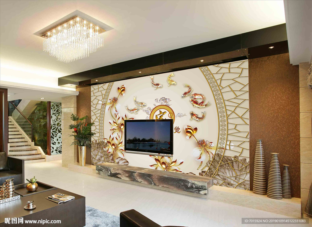 九鱼图 鸿运当头 大理石背景