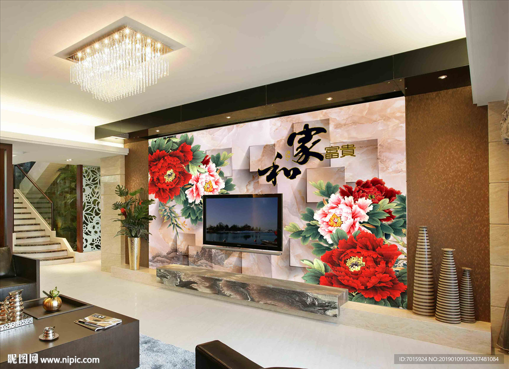 牡丹中式 中式电视墙