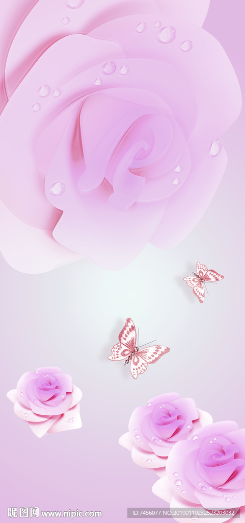 唯美蝶恋花玫瑰花玄关壁画