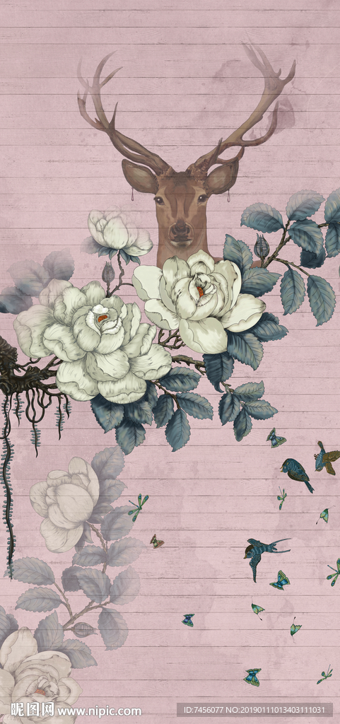 麋鹿花卉高清简约玄关过道