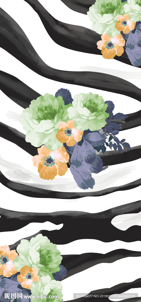 手绘花瓣斑马纹玄关过道装饰画