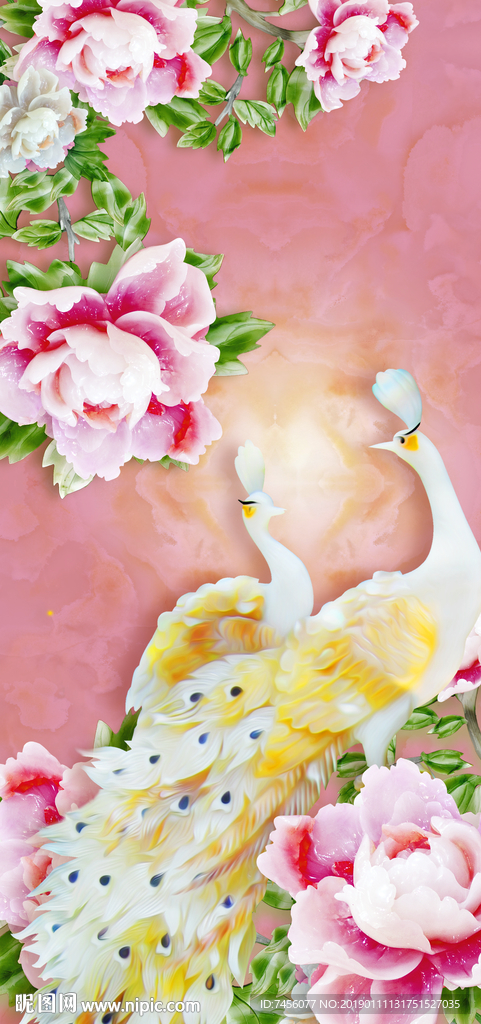 孔雀牡丹花花鸟玉雕玄关过道