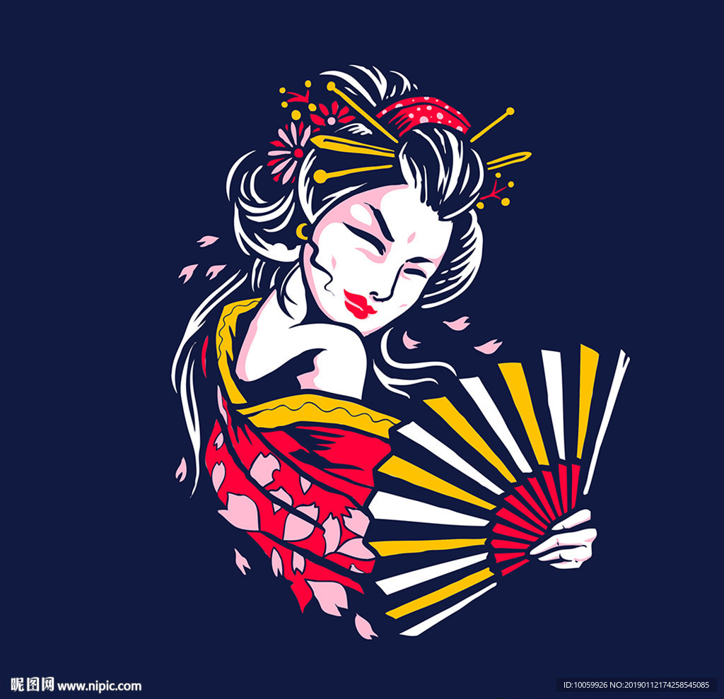 中国风日系风扇子女郎服装印花
