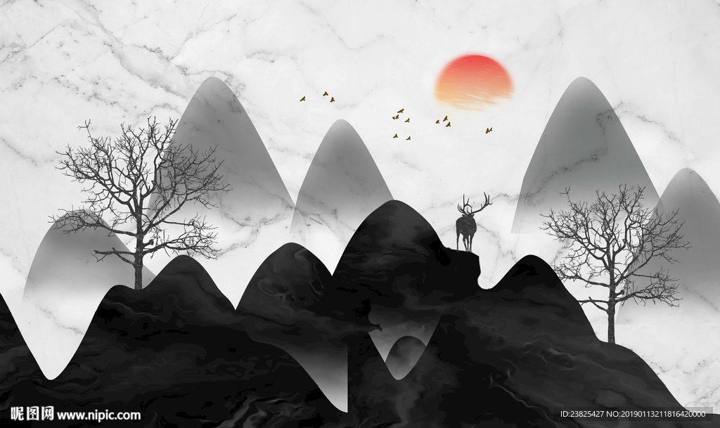 新中式水墨山水大理石纹电视背景