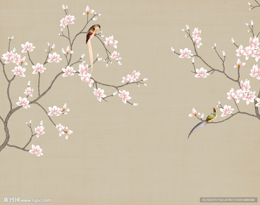 中式花鸟手绘玄关屏风电视背景墙