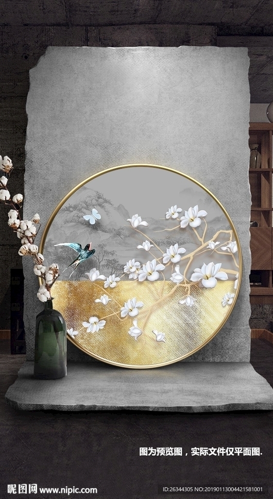 轻奢圆形金色工笔花鸟装饰画