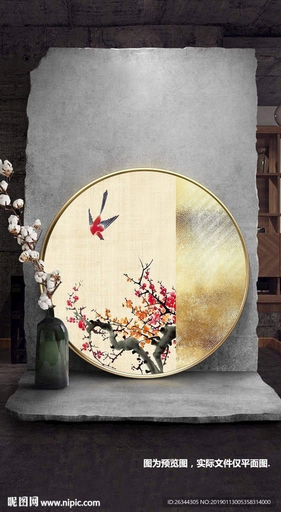 新中式轻奢花鸟圆形装饰画