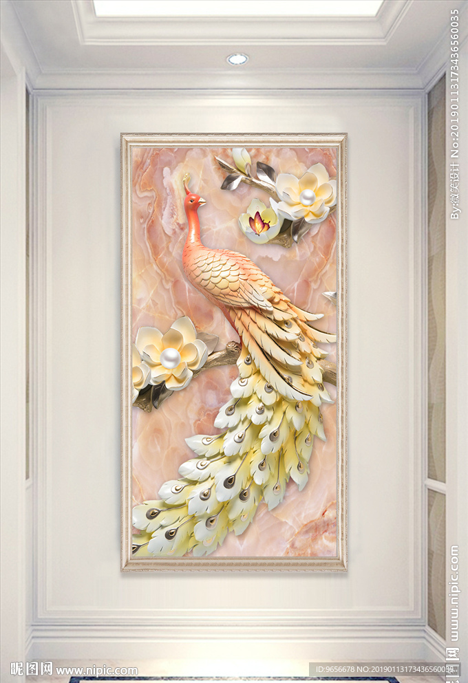 中式大理石孔雀花卉蝴蝶玄关