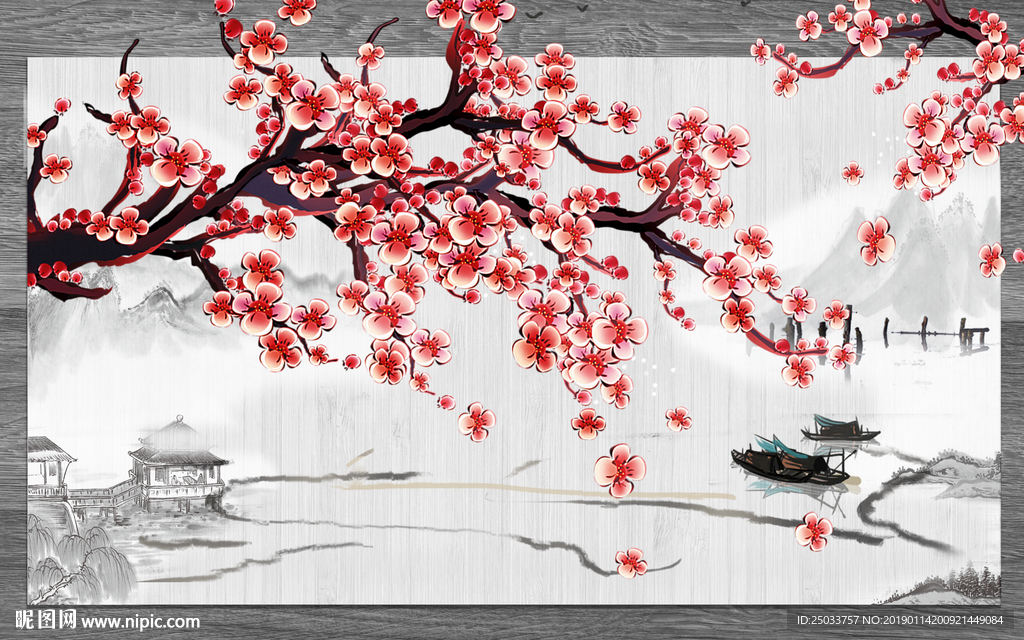 桃花中式创意玄关屏风背景电视墙