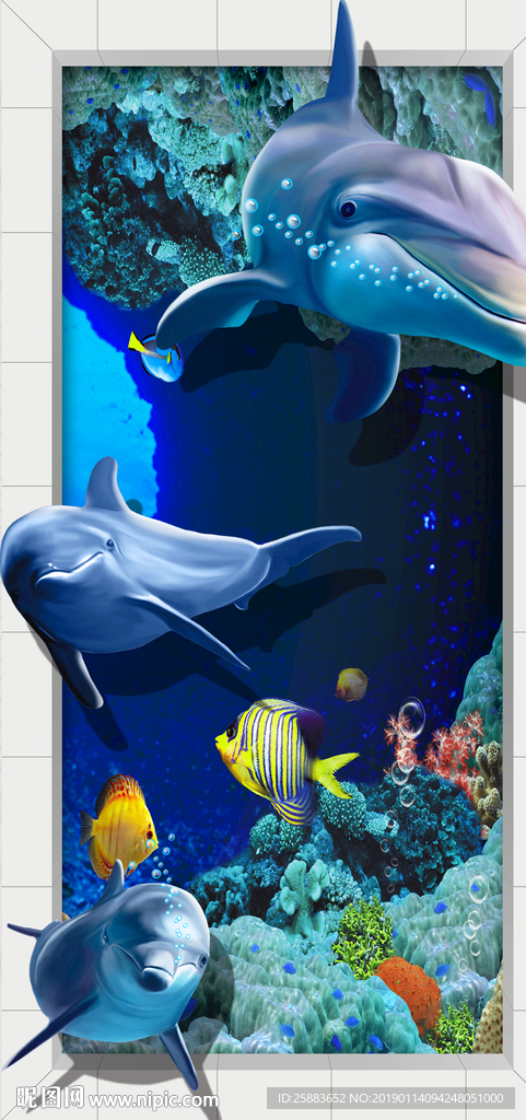 海底世界海豚3D玄关背景
