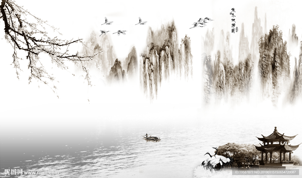 新中式梅花冬景山水画沙发背景墙