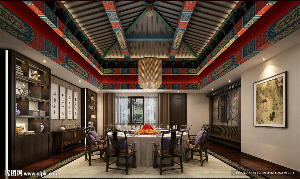 中式酒店餐厅包间模型效果图