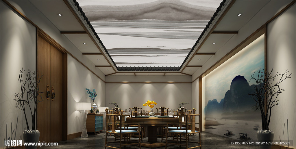 新中式酒店餐厅包间模型效果图