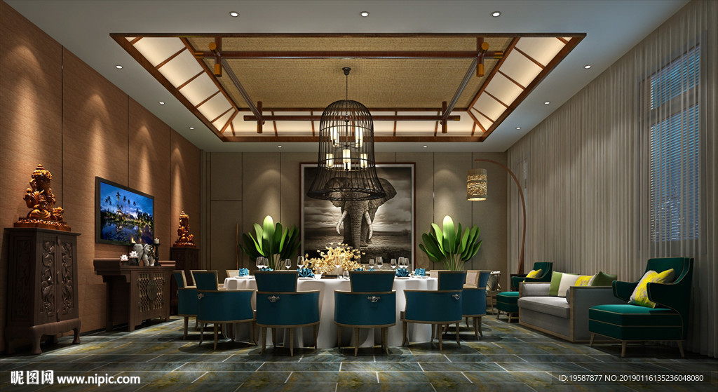 新中式酒店餐厅包间模型效果图