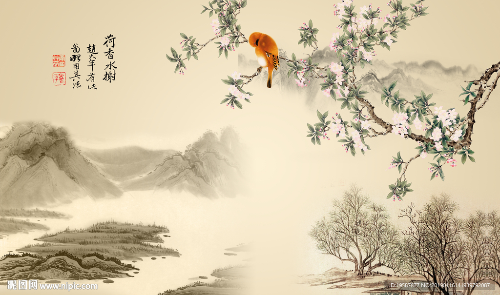 中式荷香水榭背景墙壁画