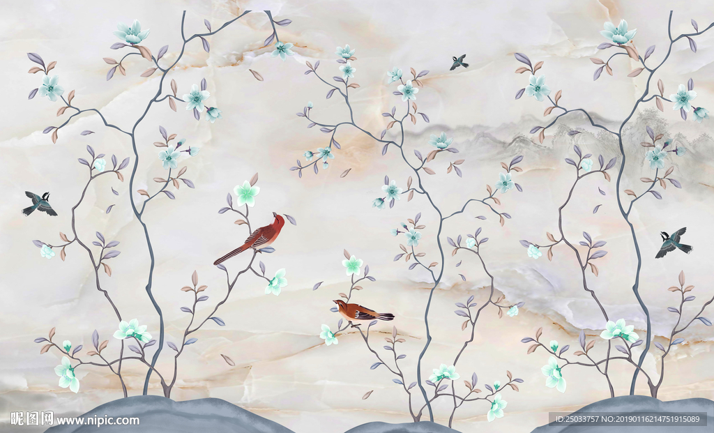 中式花鸟立体玄关屏风电视背景墙