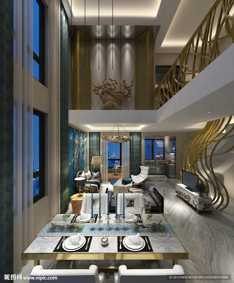现代风格豪华别墅客餐厅