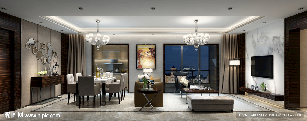 现代客厅 沙发 茶几 餐厅