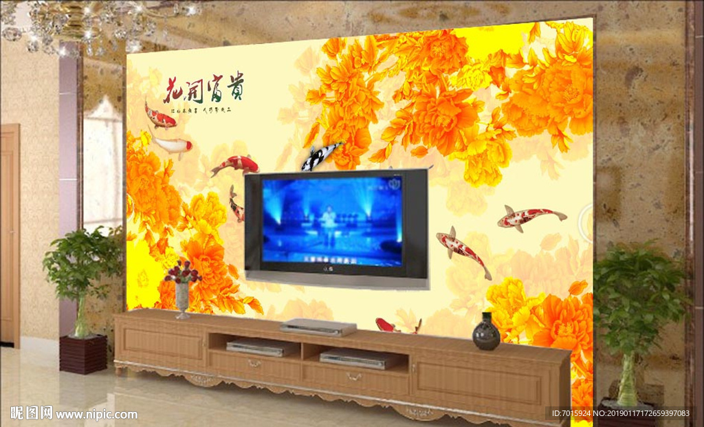 花开宝贵金色牡丹背景墙