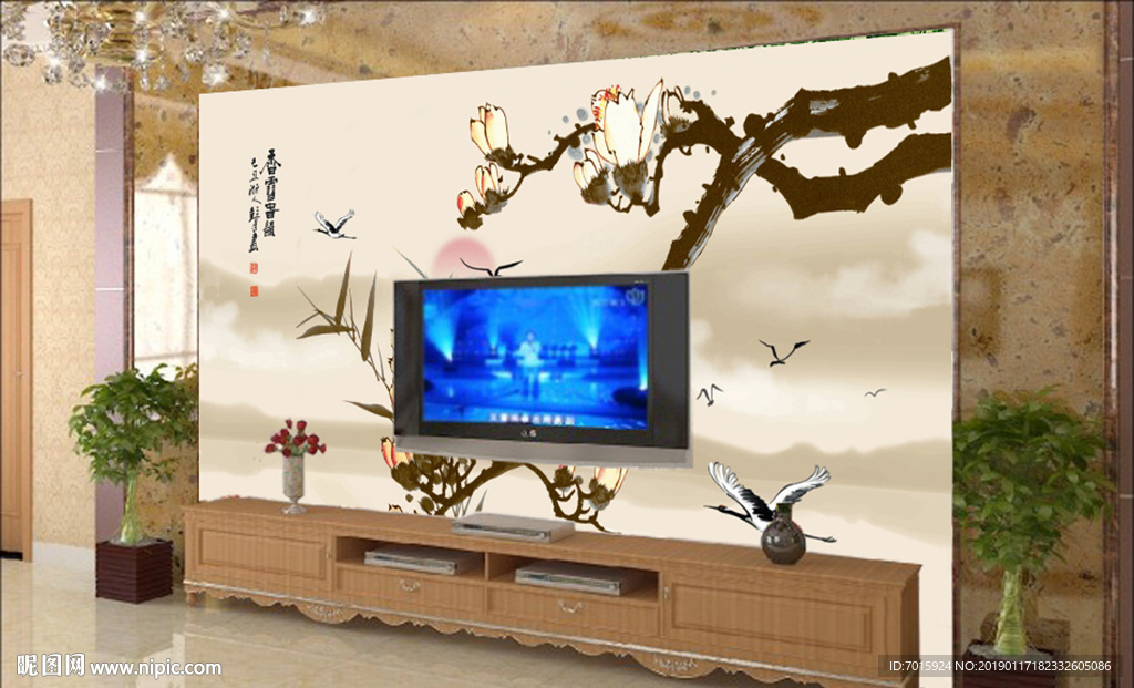 玉兰花鸟齐家平安电视背景墙
