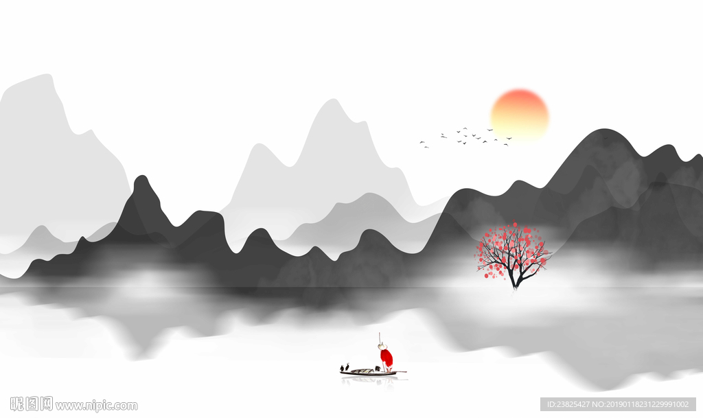 新中式水墨山水抽象意境电视背景