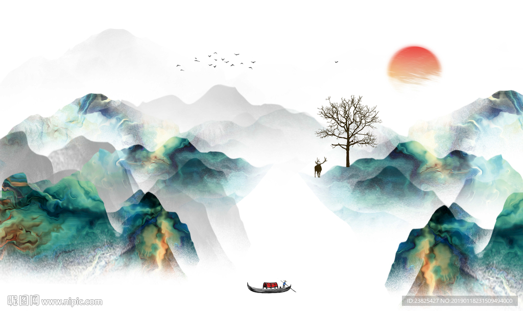 新中式水墨山水意境风景电视背景