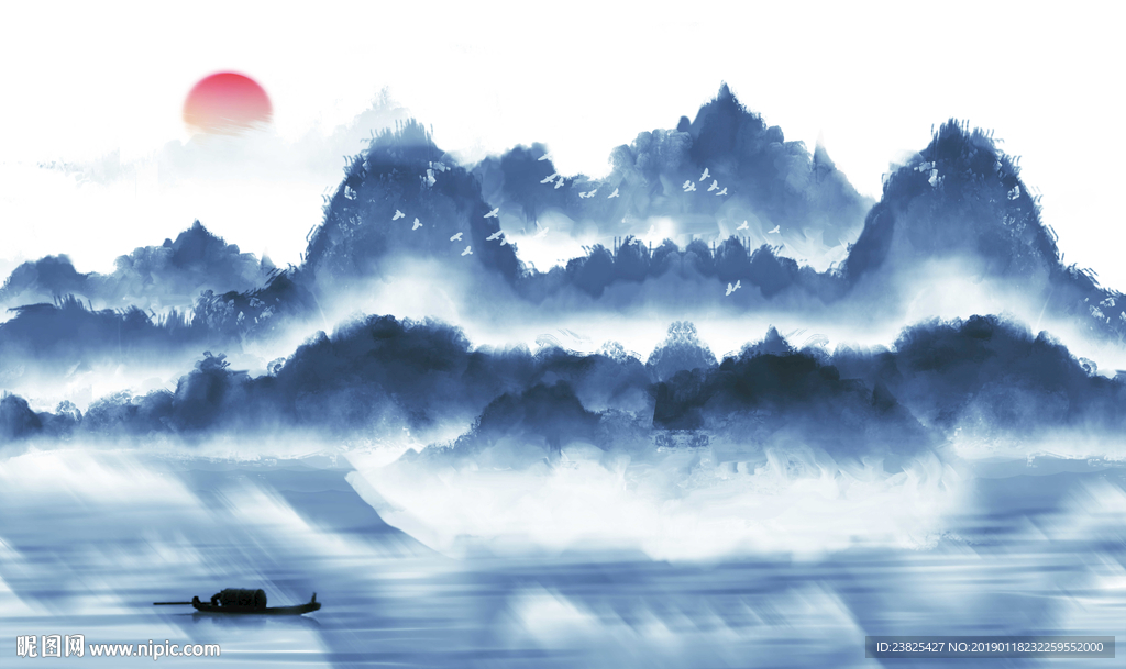 新中式蓝色水墨山水电视背景墙